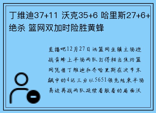 丁维迪37+11 沃克35+6 哈里斯27+6+绝杀 篮网双加时险胜黄蜂